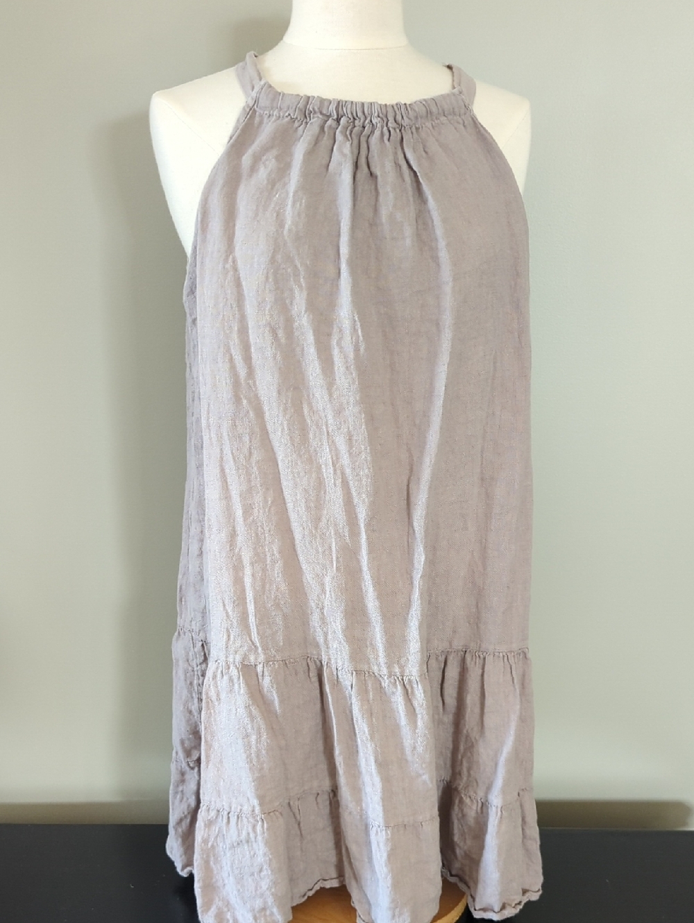 Bellaumbra Light Taupe Linen Sundress w/ A Bow Tie in the Back. Size L 35" Long